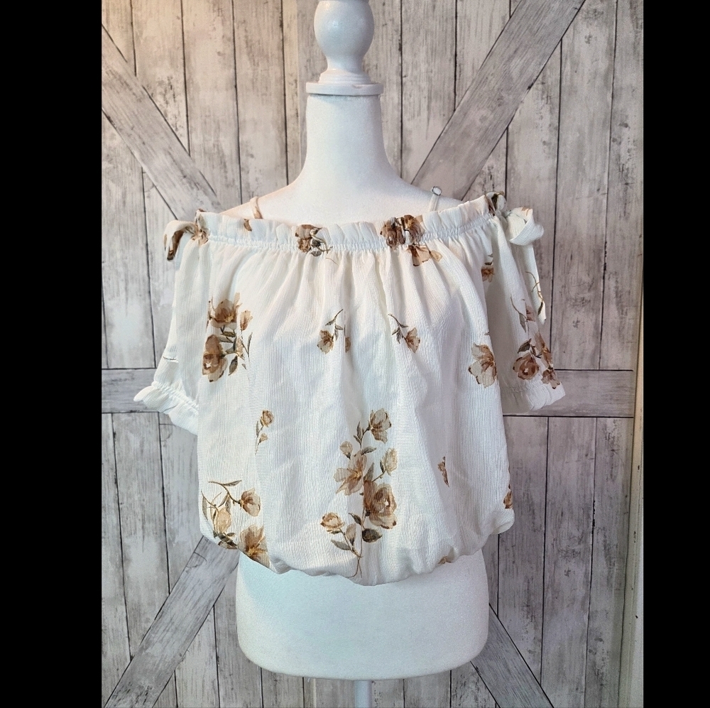 Iris Cream and Brown Floral Off-Shoulder Blouse